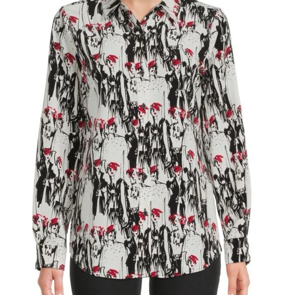 Karl Lagerfeld Black and Red Patterned Button Down Blouse